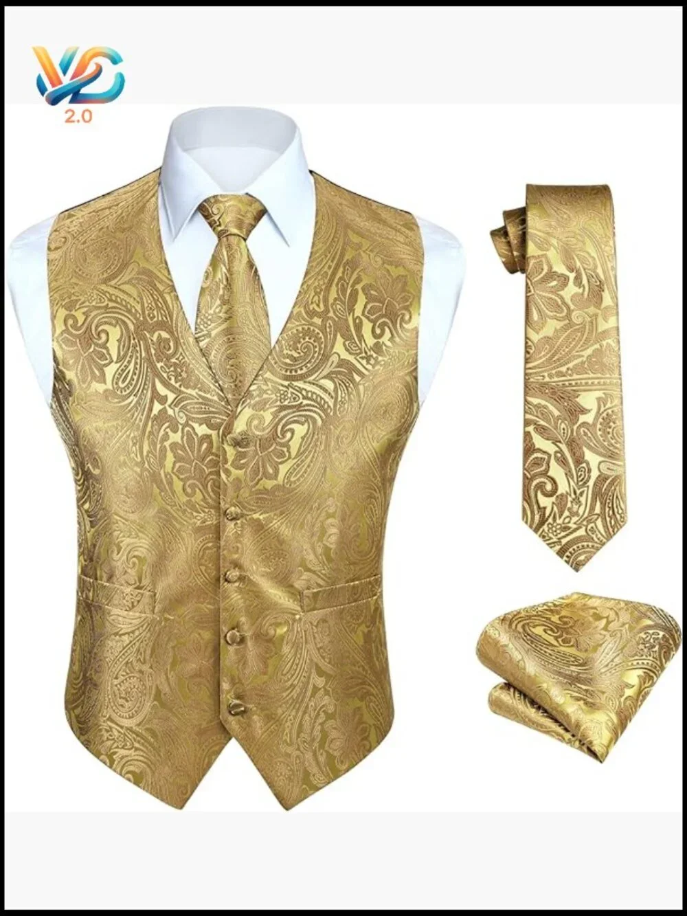 Men's Formal Vest Set with Tie and Pocket Square, Silk Blend, Size Large